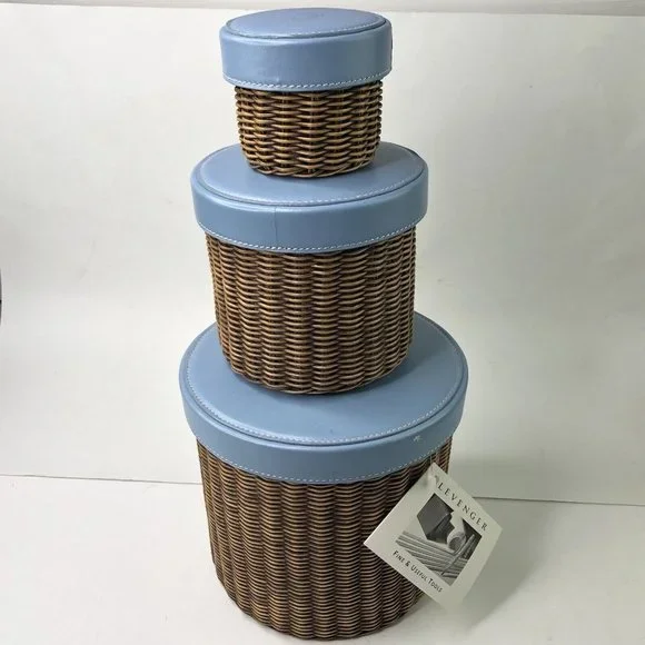 RARE Vintage 2002 Set of 3 LEVENGER Woven Nesting Baskets Stackable Leather Lids - Picture 2 of 8